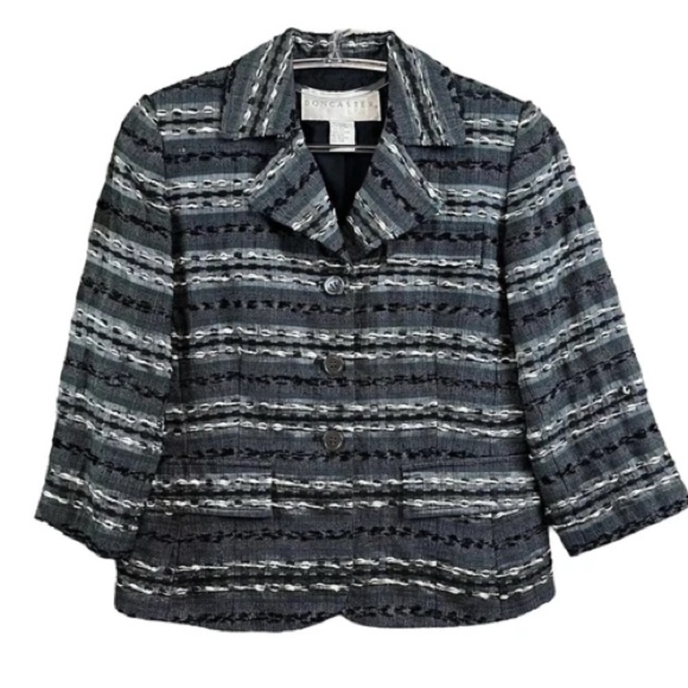 Doncaster Tweed Embroidered Silk Blend Buttoned Blazer Jacket Gray Black Size 2